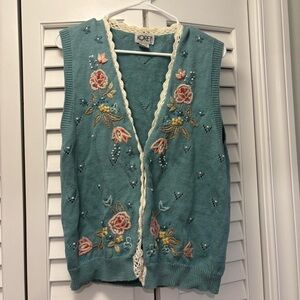 Koret Vintage Embroidered Sweater Vest Teal 
Floral Embroidered Size Large